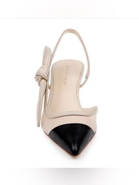 NWOB Dee Ocleppo Caracas Bow Pointed Slingback Pumps Kitten Leather Black Cream